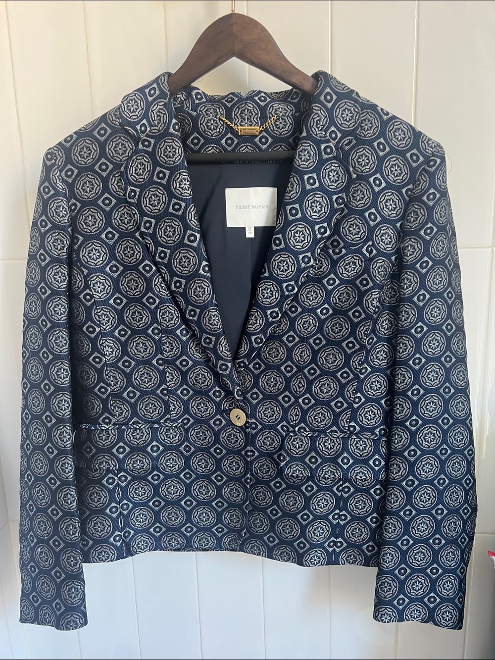 Pierre Balmain Navy and Light Blue Geometric Pattern Blazer